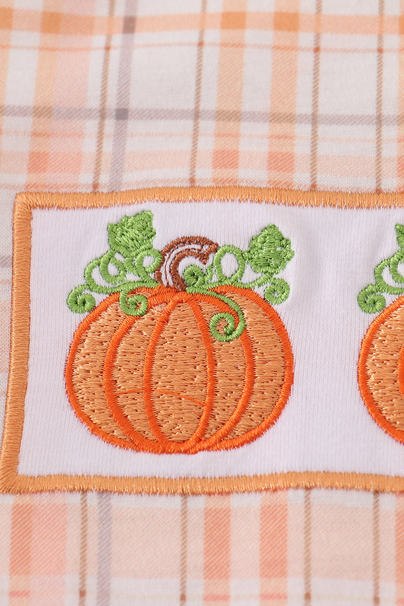Orange Pumpkin Embroidery Plaid Top