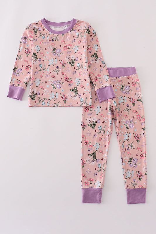 Purple Floral Print Bamboo Pajamas Pants Set