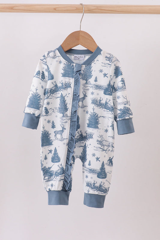 Blue Christmas Reindeer Tree Ruffle Romper