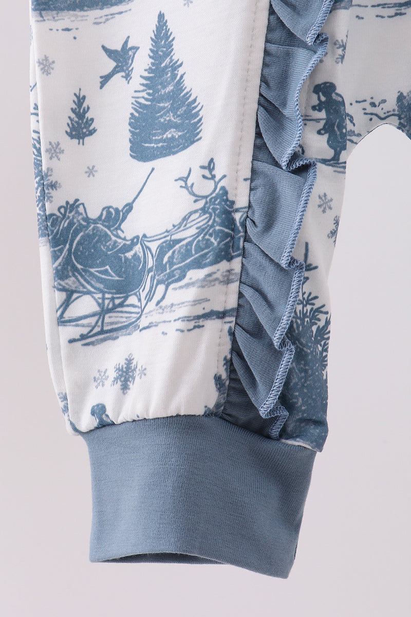 Blue Christmas Reindeer Tree Ruffle Romper