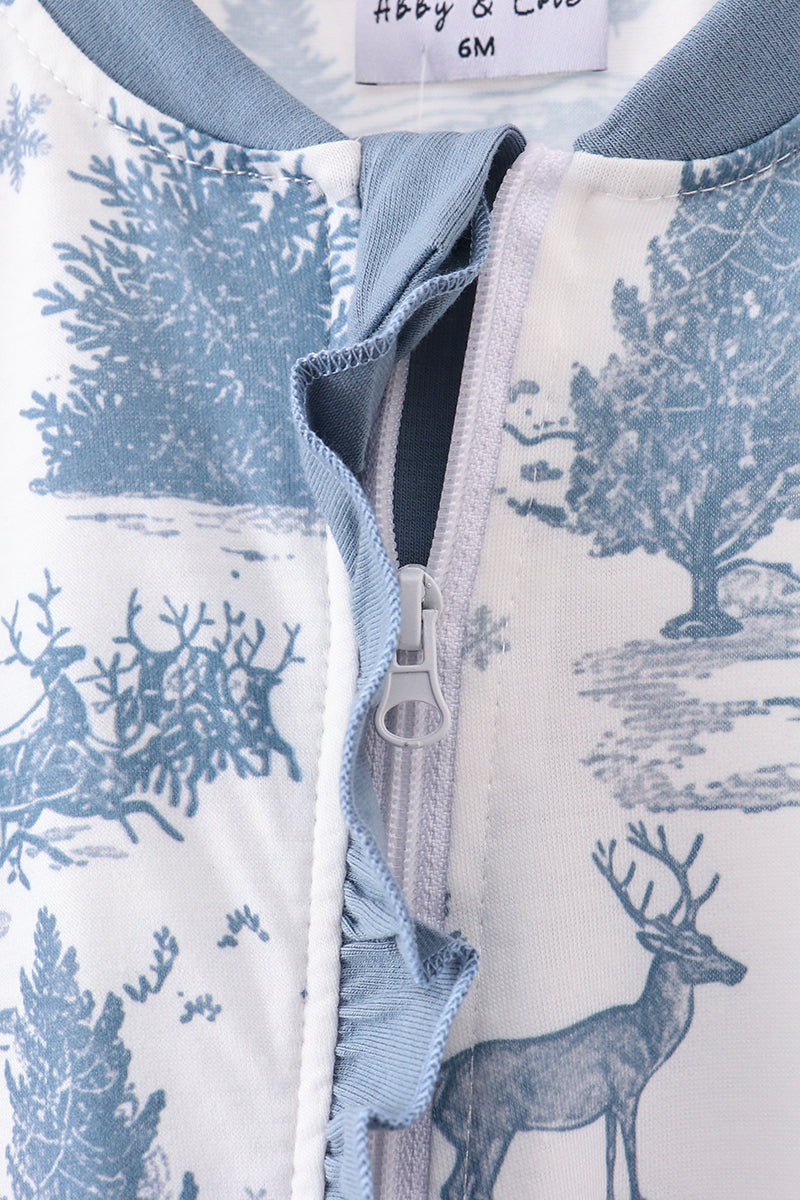 Blue Christmas Reindeer Tree Ruffle Romper