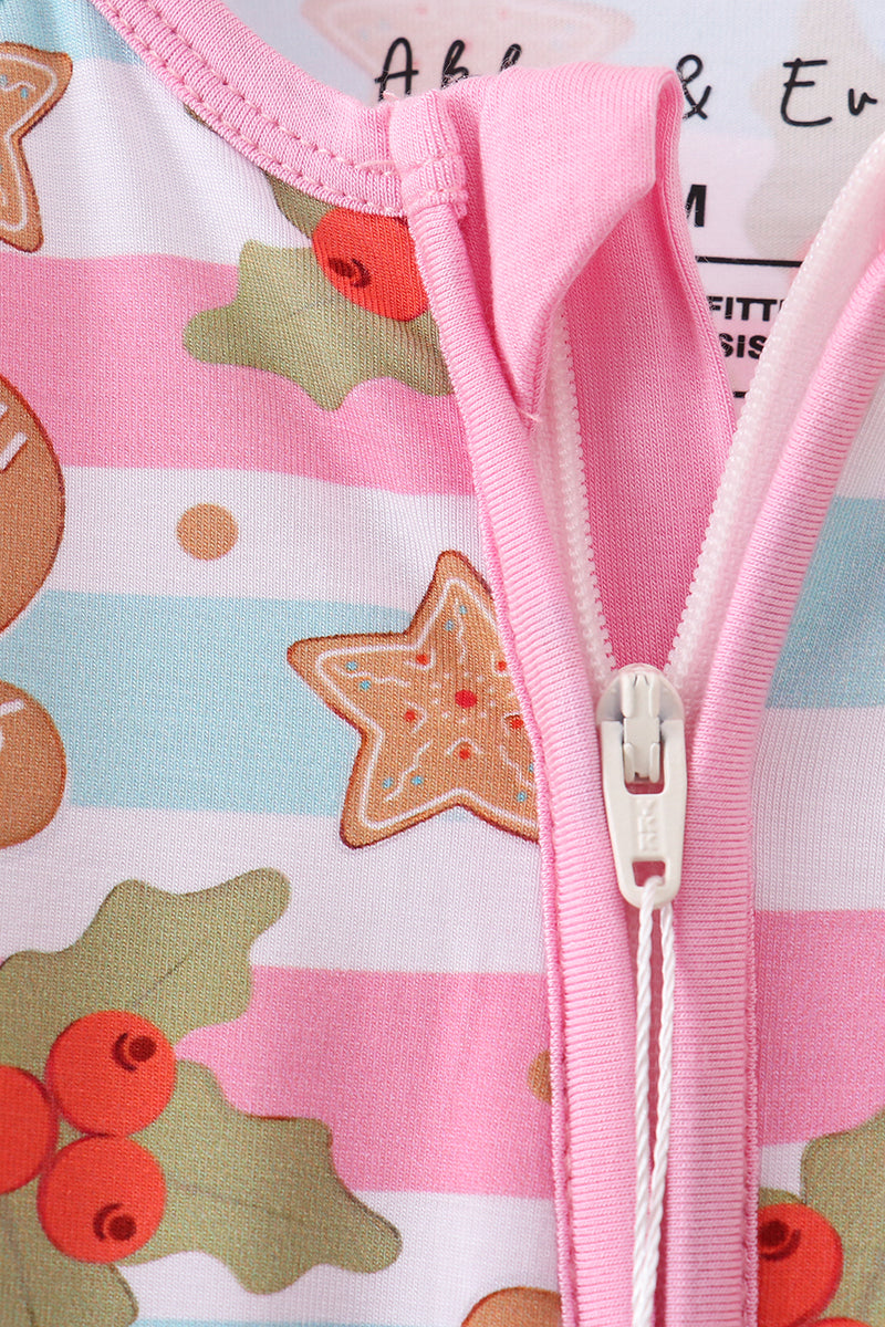 Pink Christmas Gingerbread Bamboo Pajamas Zipper Romper