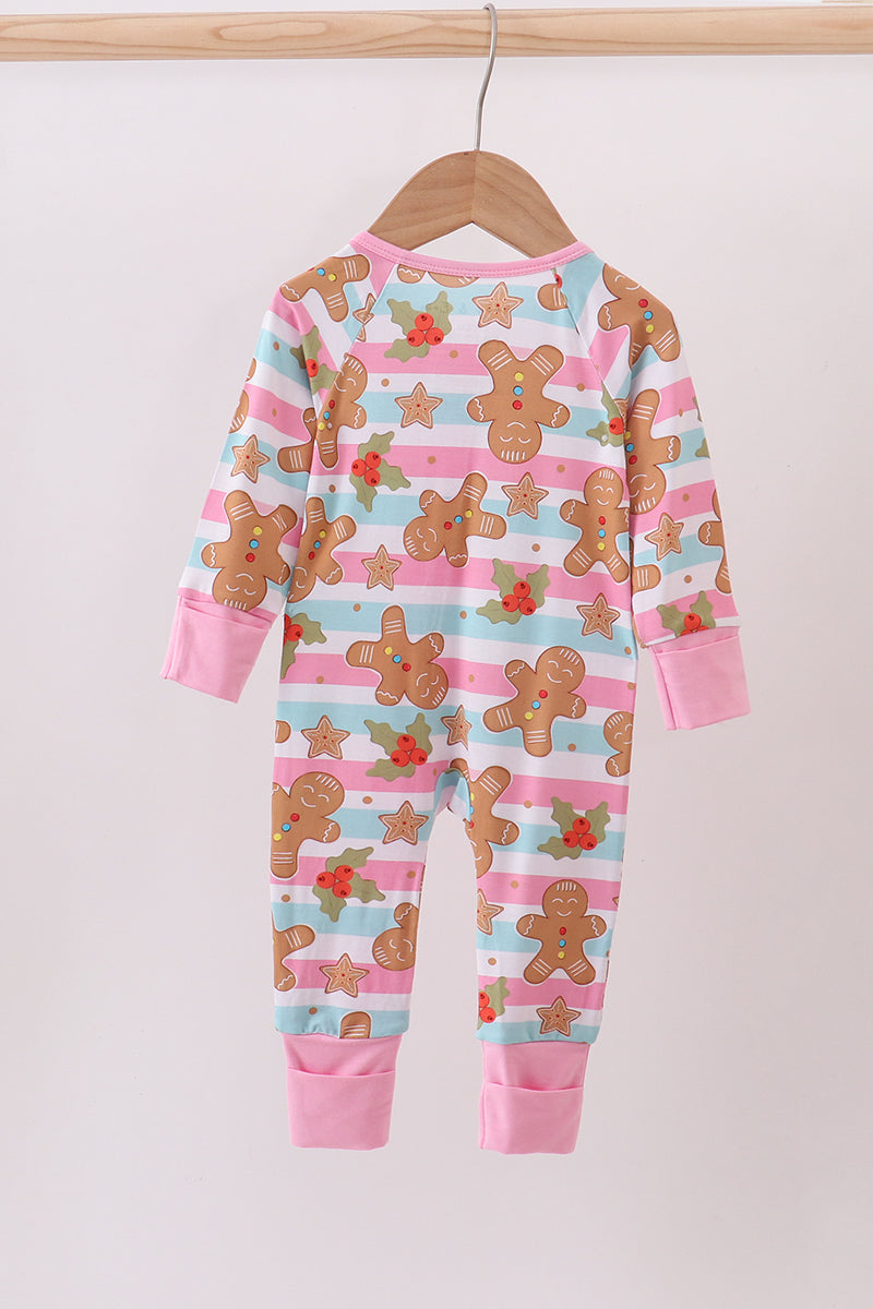 Pink Christmas Gingerbread Bamboo Pajamas Zipper Romper