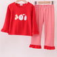 Red Santa Claus Biscuit Milk Applique Ruffle Stripe Pants Set