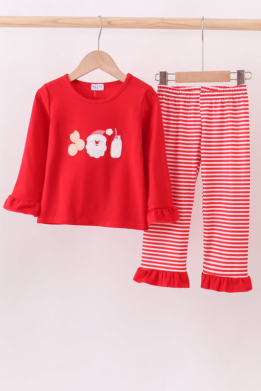 Red Santa Claus Biscuit Milk Applique Ruffle Stripe Pants Set