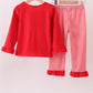 Red Santa Claus Biscuit Milk Applique Ruffle Stripe Pants Set