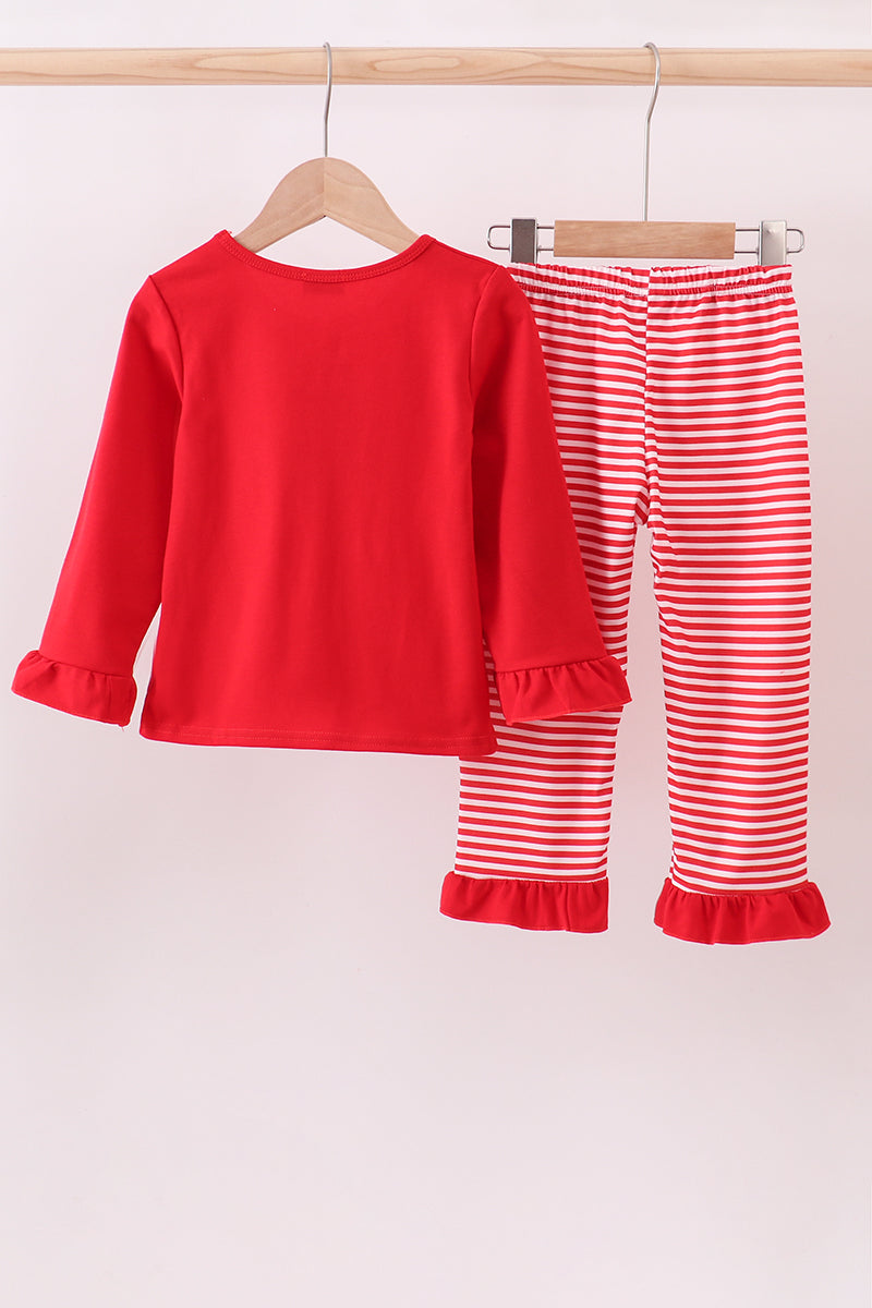 Red Santa Claus Biscuit Milk Applique Ruffle Stripe Pants Set