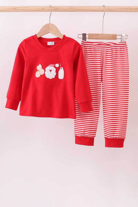 Red Santa Claus Biscuit Milk Applique Stripe Pants Set