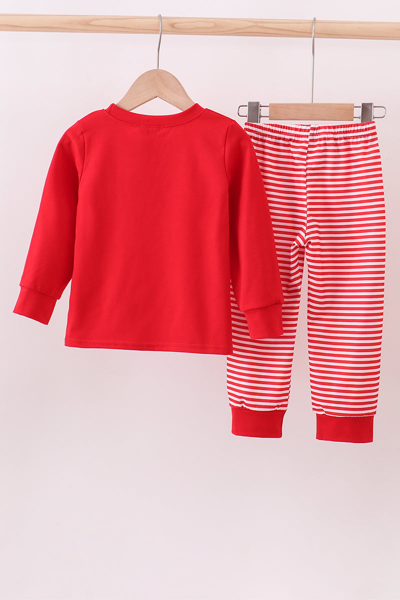 Red Santa Claus Biscuit Milk Applique Stripe Pants Set