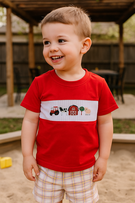Khaki Farm Embroidery Smocked Plaid Shorts Set