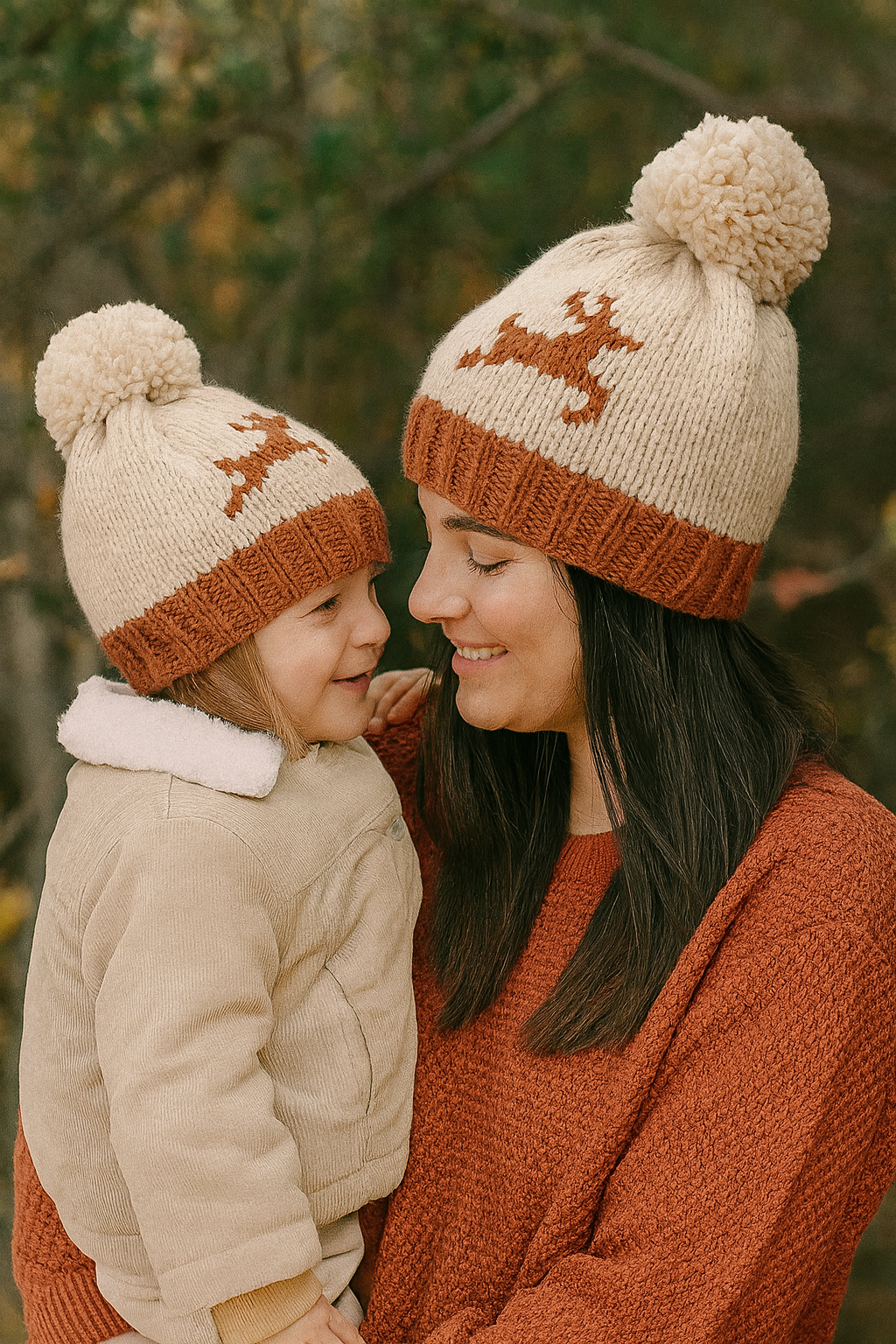 Beige Pompom Reindeer Cable Beanie
