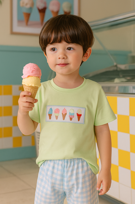Green Ice Cream Embroidery Shorts Set