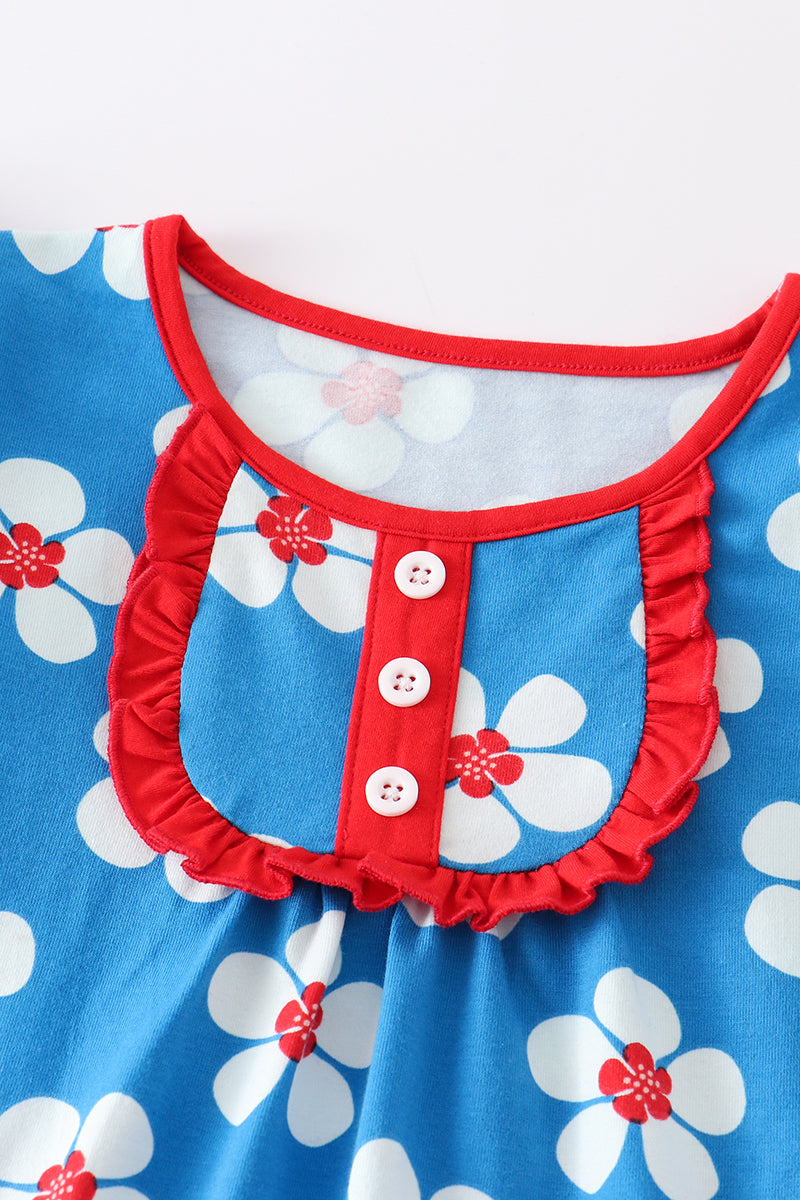 Platinum Blue & White Floral Print Ruffle Girl Set
