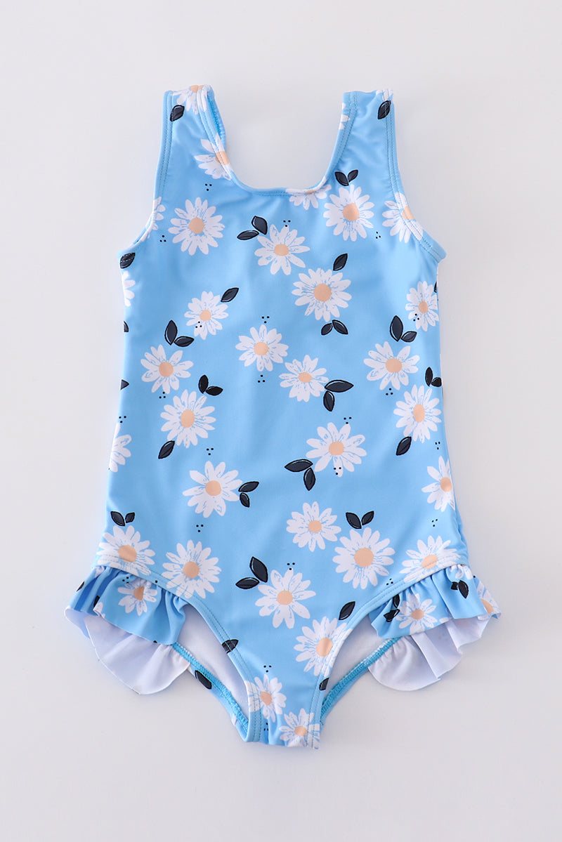 Blue Daisy Print One-Piece Girl Swimsuit Upf50+