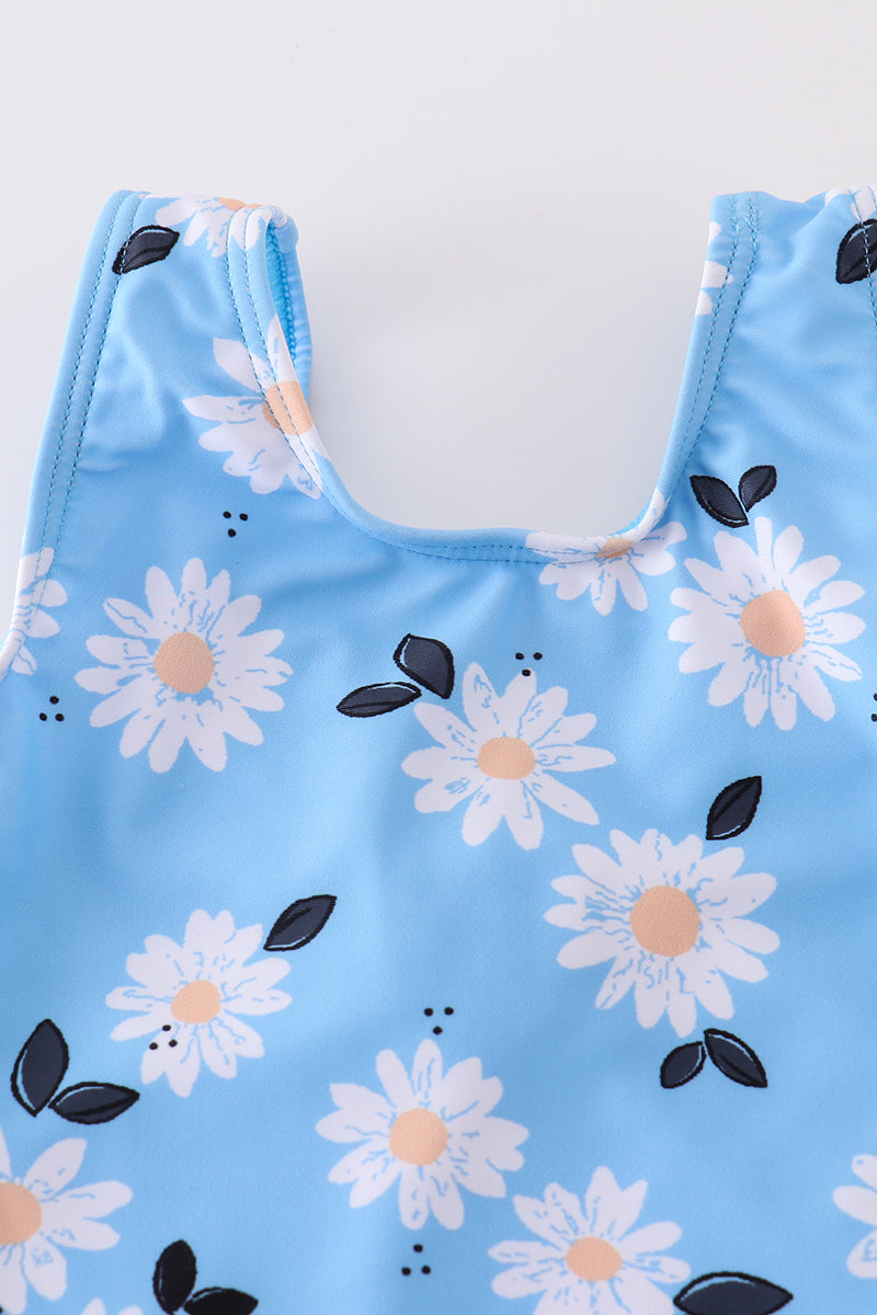 Blue Daisy Print One-Piece Girl Swimsuit Upf50+