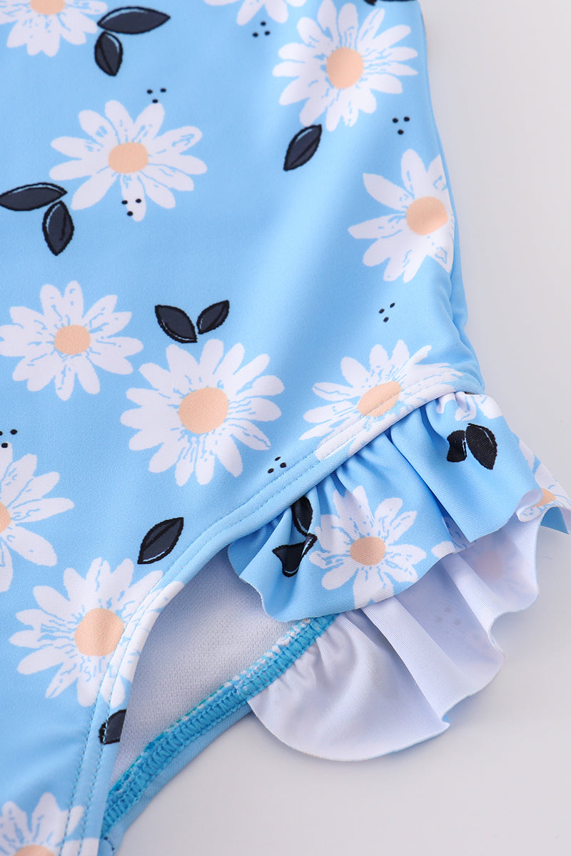 Blue Daisy Print One-Piece Girl Swimsuit Upf50+
