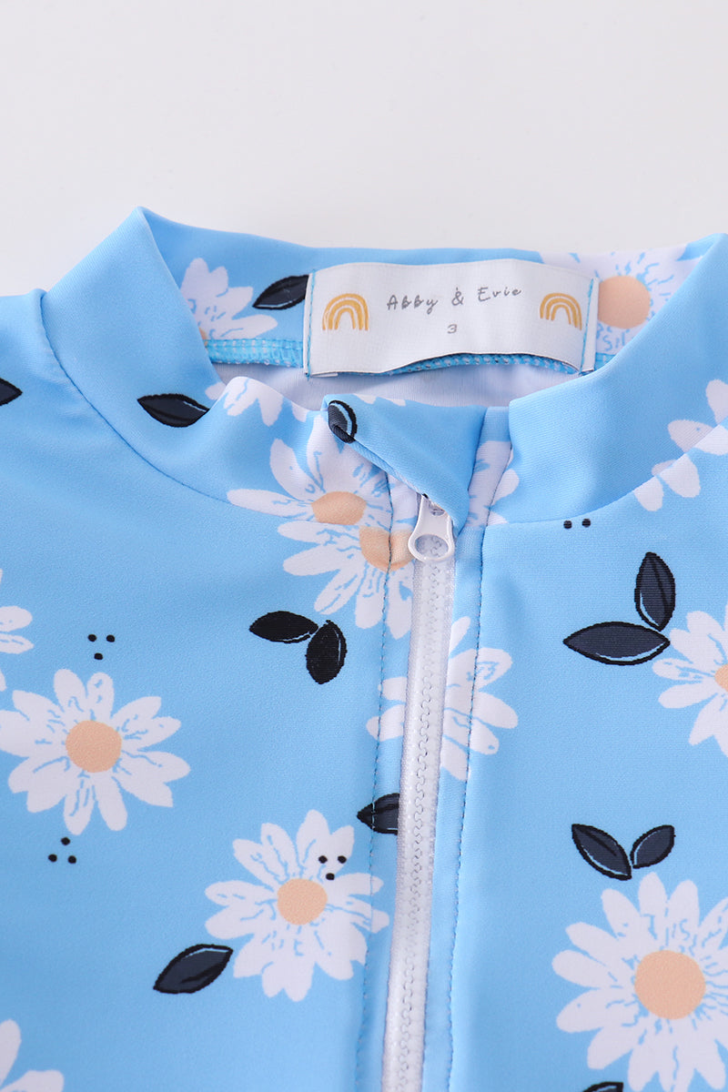 Blue Daisy Print 2Pc Girl Swimsuit Upf50+