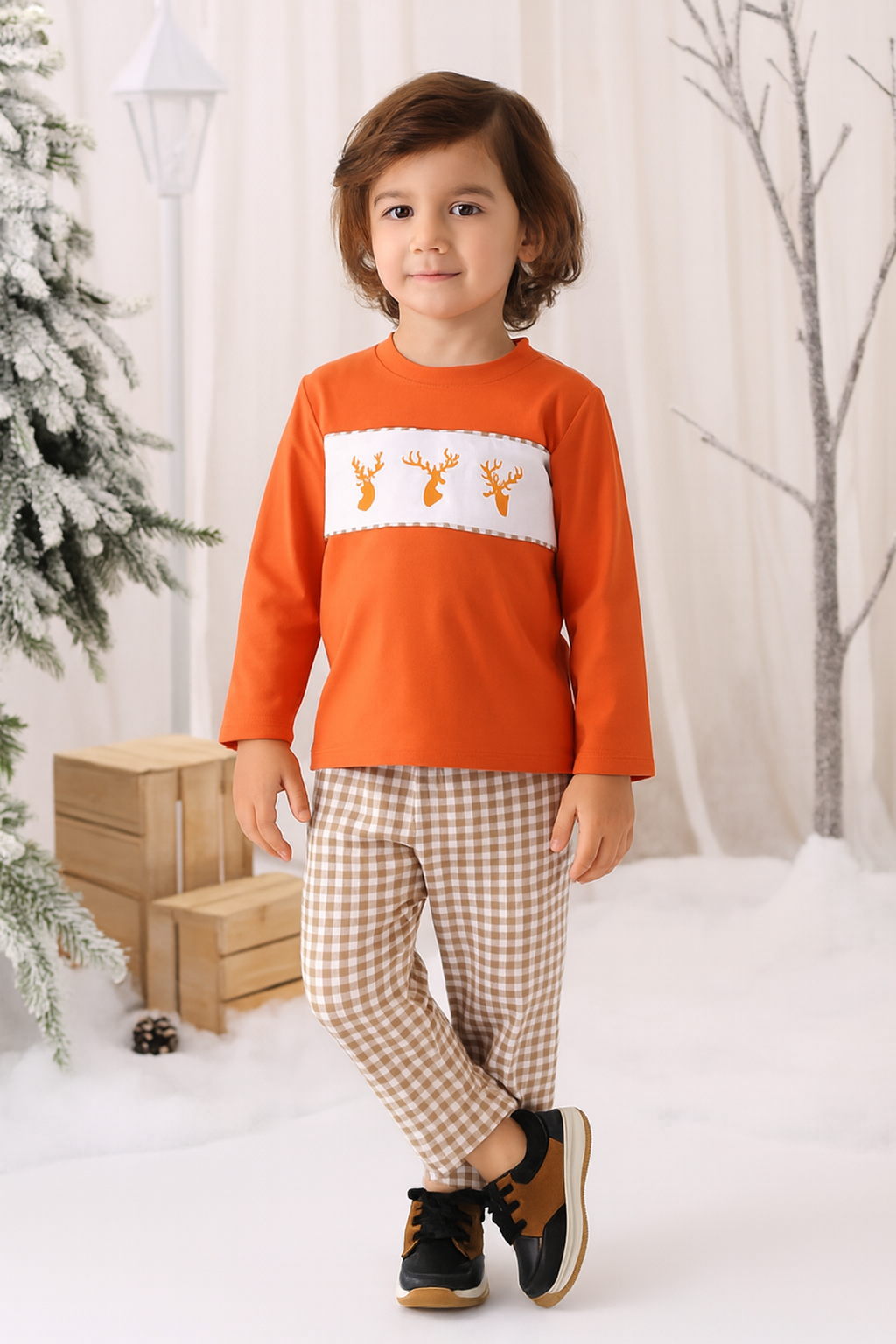 Rust Deer Embroidery Gingham Pants Set