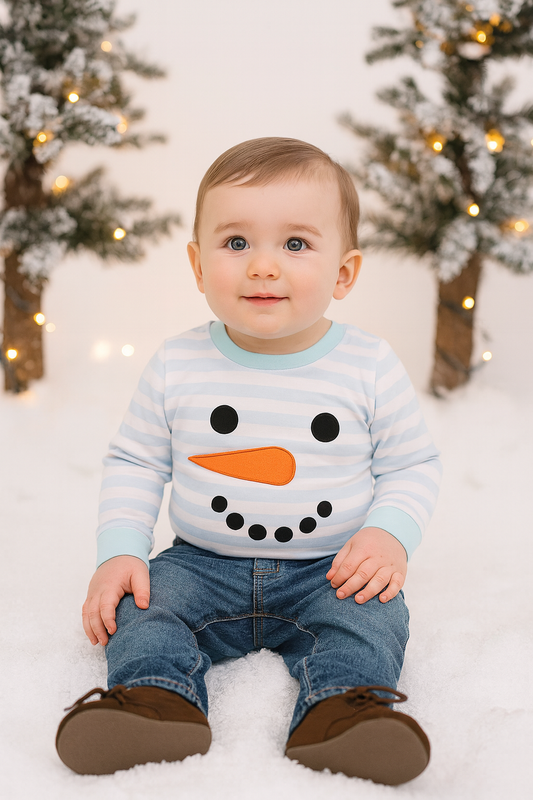 Blue Snowman Embroidery Stripe Bubble