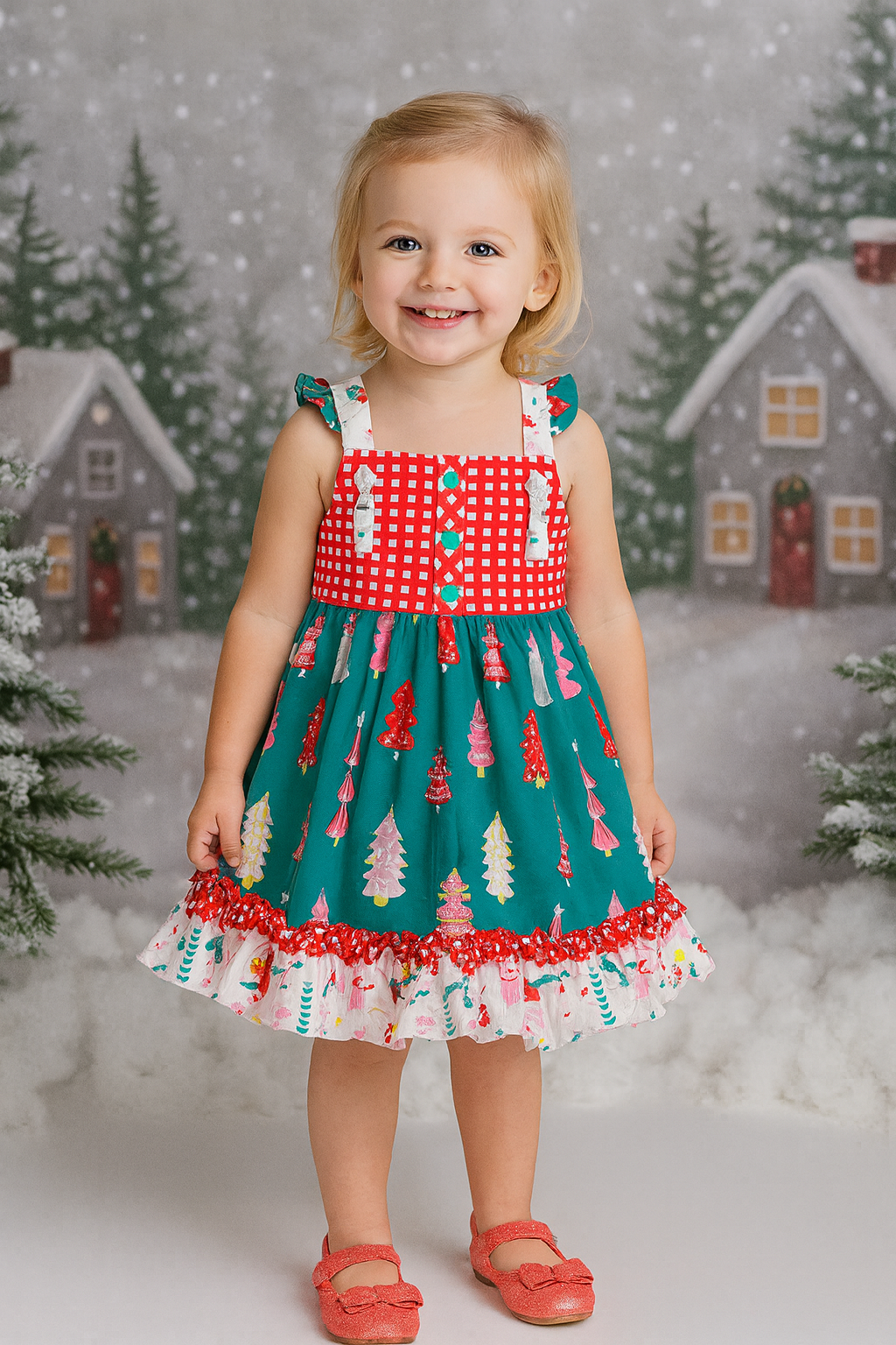 Platinum Red Christmas Tree Plaid Ruffle Dress