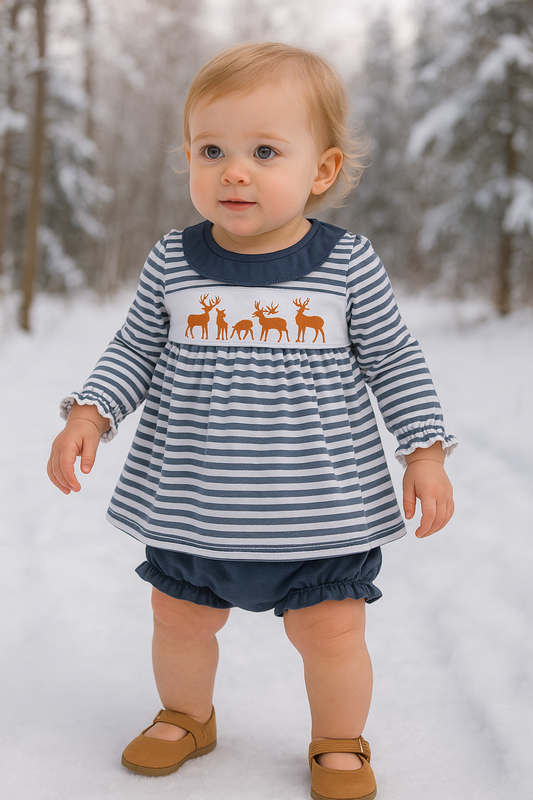 Navy Stripe Deer Embroidery Bloomer Set
