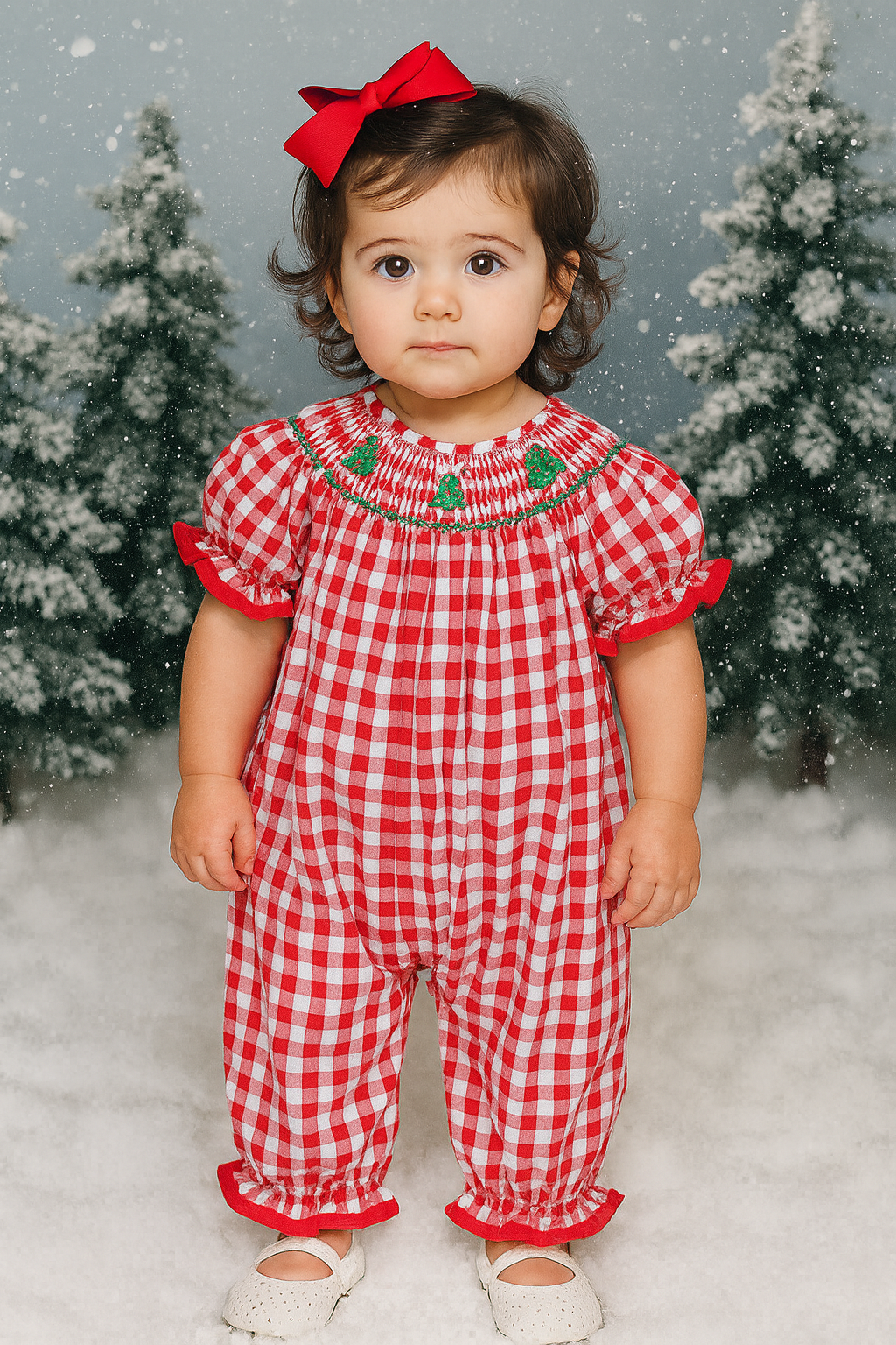 Red Christmas Tree Hand Smocked Gingham Romper