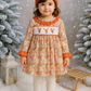 Rust Flroal Print Deer Embroidery Ruffle Dress