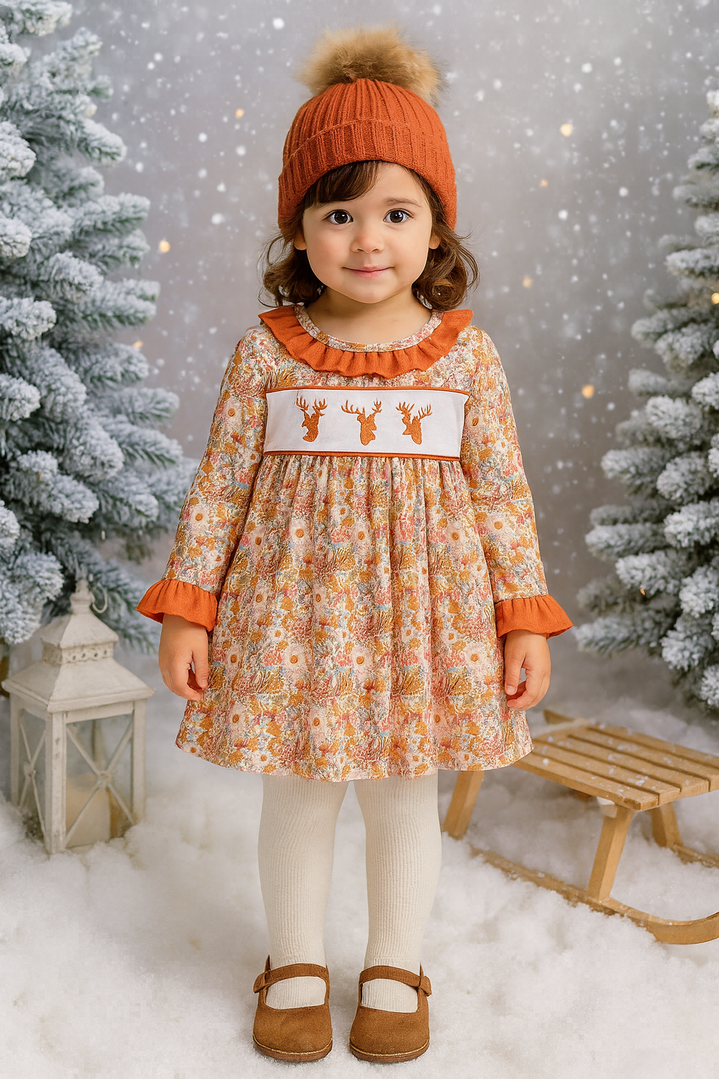 Rust Flroal Print Deer Embroidery Ruffle Dress
