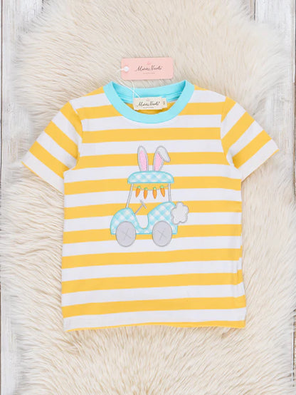 Yellow Embroidered Bunny Car Striped Shirt