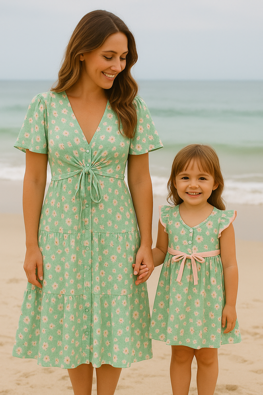 Green Floral Print Girl Mom & Me Dress