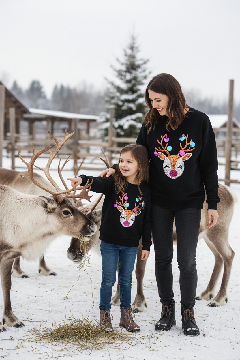 Black Reindeer Sequin Mom & Me Fleece Sweatshirt