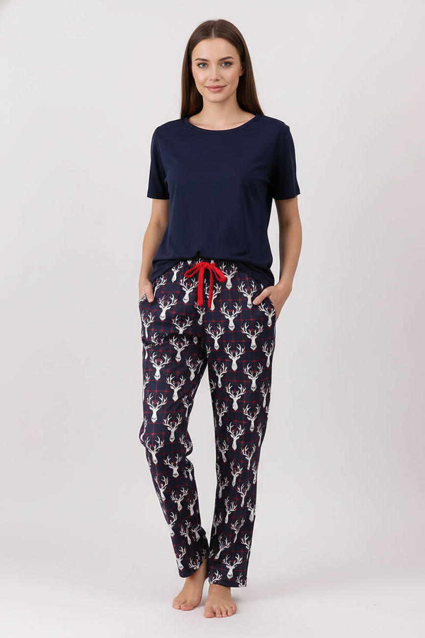 Navy Deer Print Mom Pajamas Pants