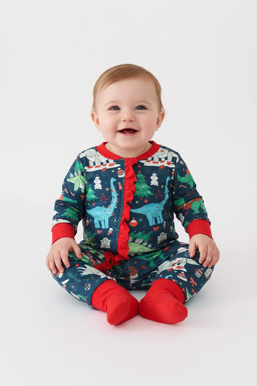 Green Dinosaur Print Ruffle Romper