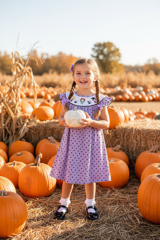 Purple Halloween Dot Witch Embroidery Dress