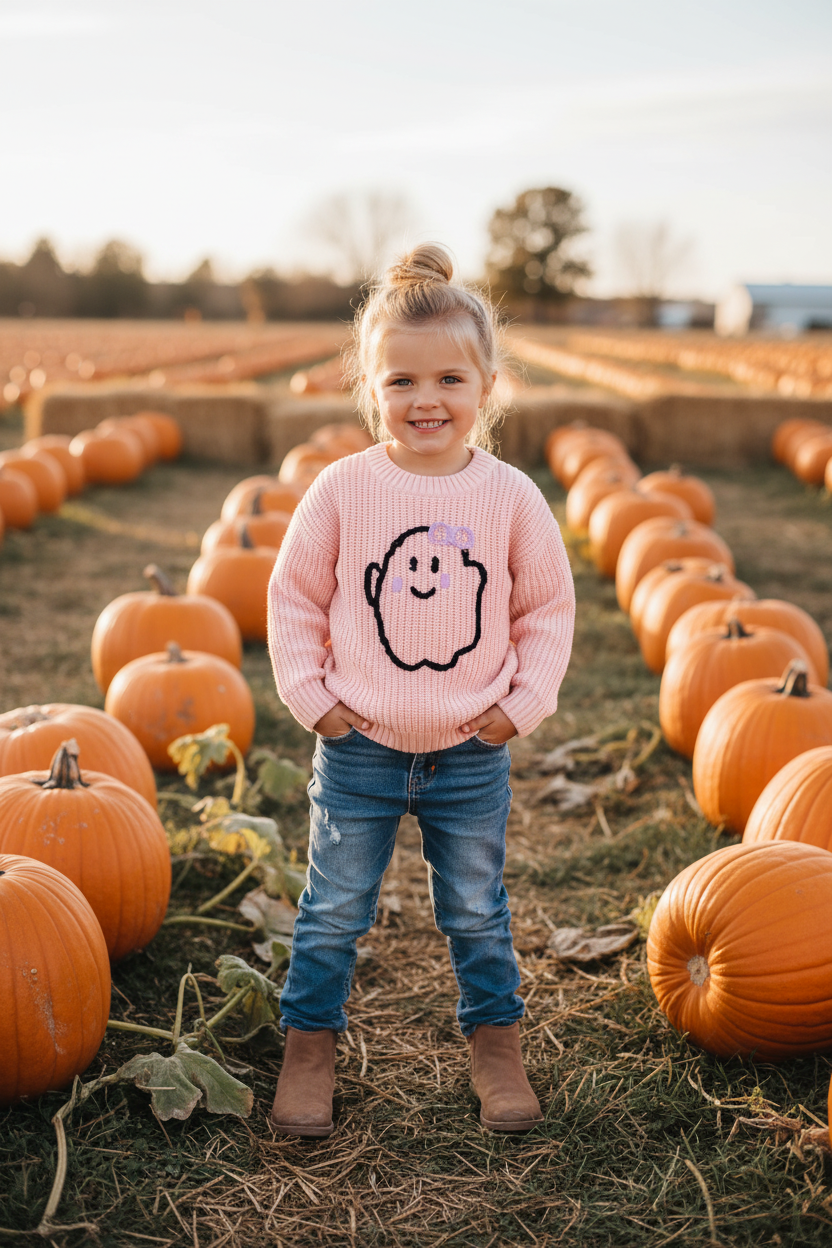 Pink Hand-Embroidery Ghost Pullover Sweater