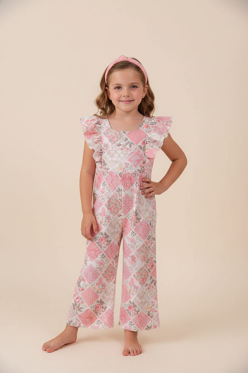 Pink Floral Checkered Ruffle Jumpsuit