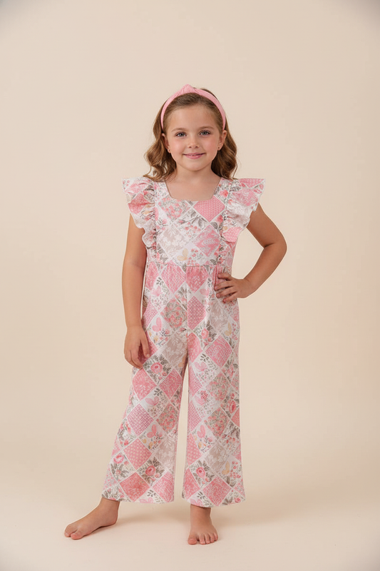 Pink Floral Checkered Ruffle Jumpsuit