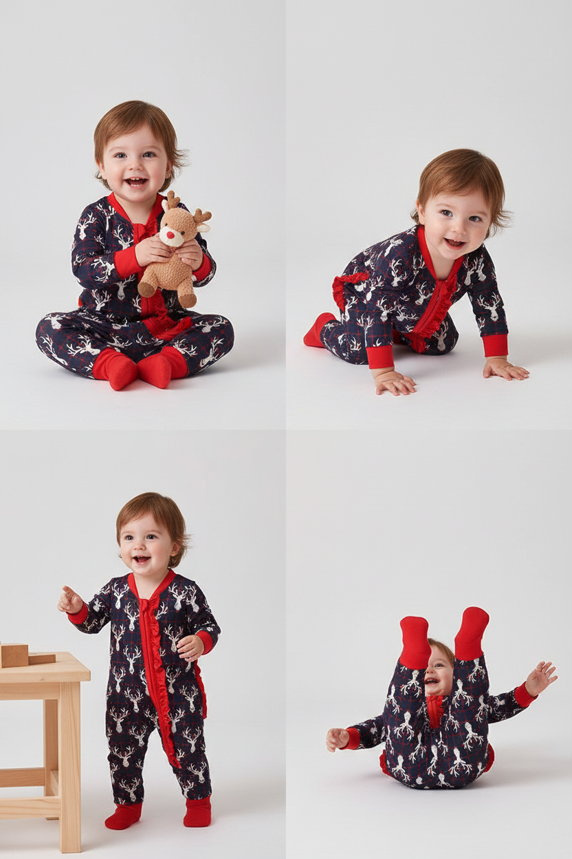 Navy Deer Print Ruffle Romper