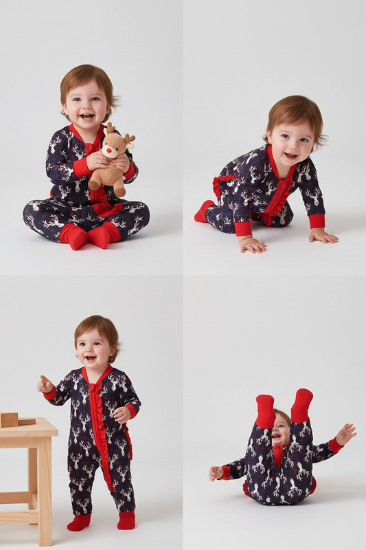 Navy Deer Print Ruffle Romper