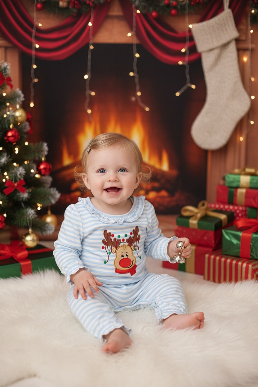 Blue Stripe Reindeer Applique Ruffle Romper