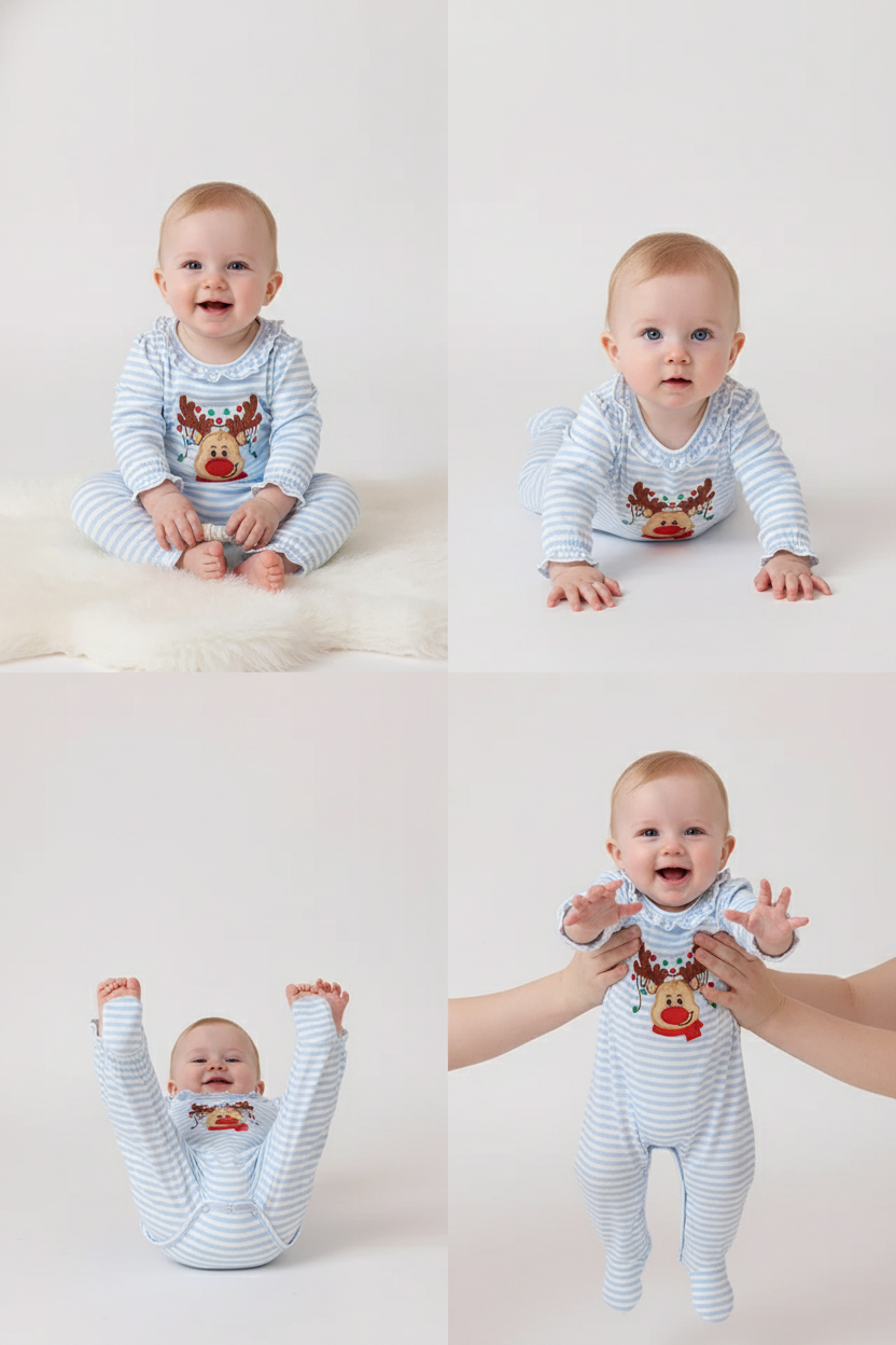 Blue Stripe Reindeer Applique Ruffle Romper